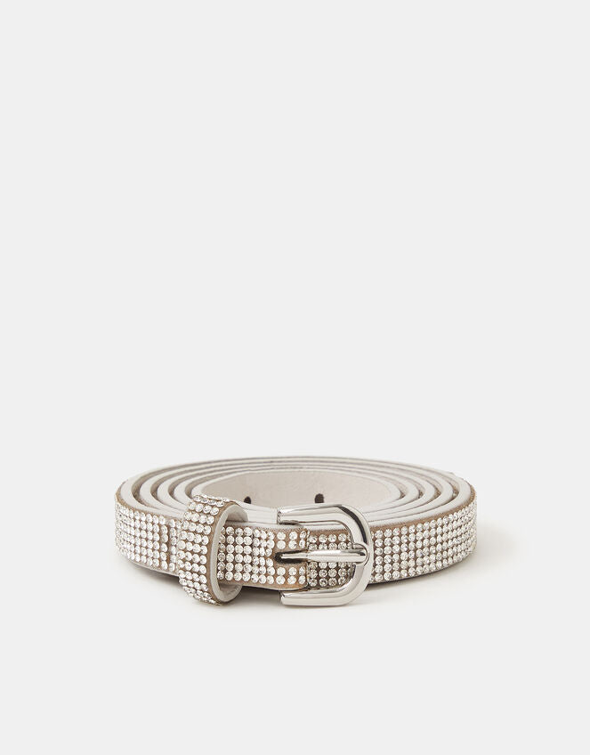Slim Diamanté Belt Silver