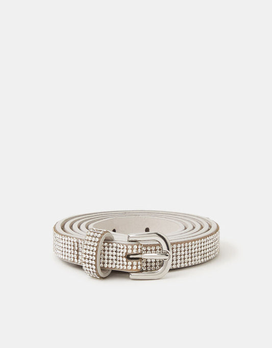 Slim Diamanté Belt Silver