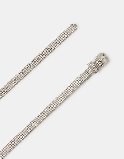 Slim Diamanté Belt Silver