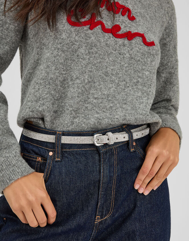 Slim Diamanté Belt Silver