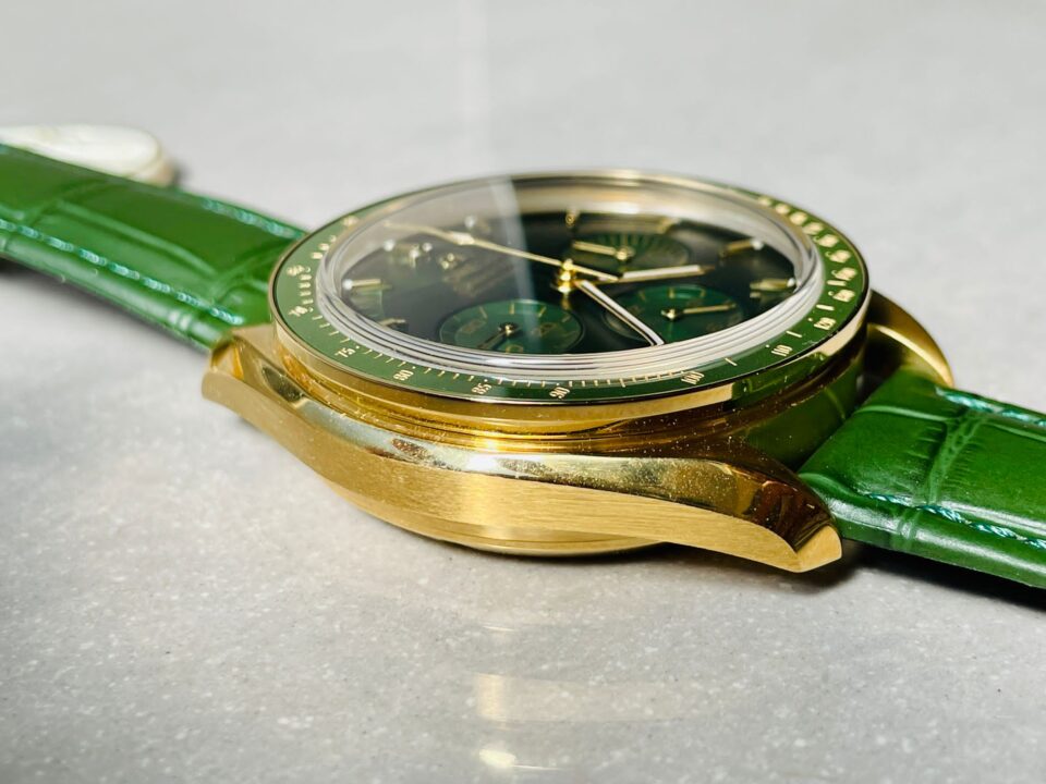 Speedmaster Moonwatch in Moonshine Gold YG RMF Best Edition Green Dial on Green Leather Strap Manual Chrono