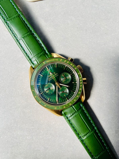 Speedmaster Moonwatch in Moonshine Gold YG RMF Best Edition Green Dial on Green Leather Strap Manual Chrono