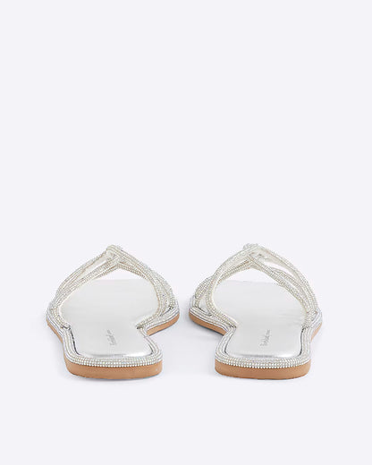 Silver Embellished Twist Strap Flat Sandals