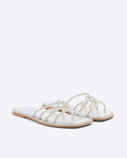 Silver Embellished Twist Strap Flat Sandals