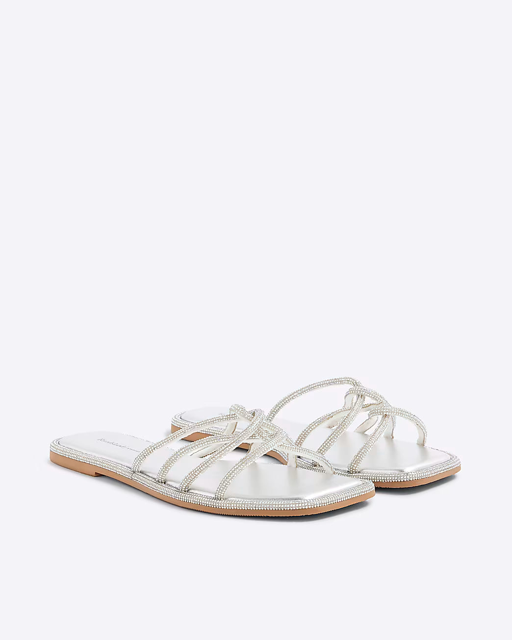 Silver Embellished Twist Strap Flat Sandals