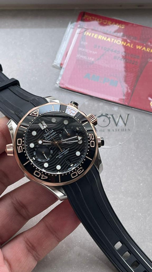 SEAMASTER 300M CHRONO SS/RG OMF 1:1 BEST EDITION BLACK DIAL ON BLACK RUBBER STRAP A9900