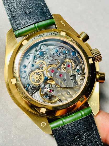Speedmaster Moonwatch in Moonshine Gold YG RMF Best Edition Green Dial on Green Leather Strap Manual Chrono