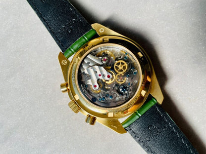 Speedmaster Moonwatch in Moonshine Gold YG RMF Best Edition Green Dial on Green Leather Strap Manual Chrono