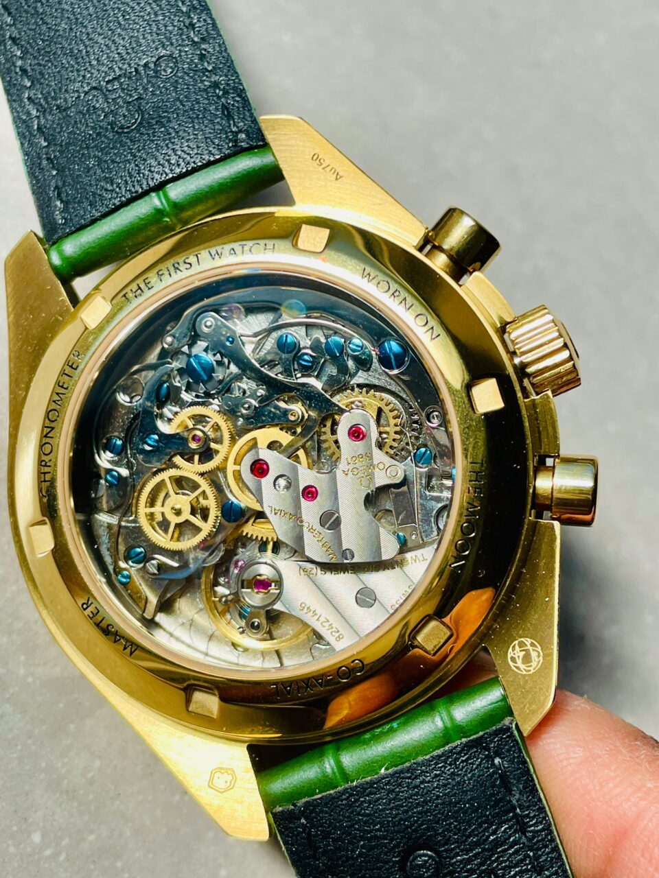 Speedmaster Moonwatch in Moonshine Gold YG RMF Best Edition Green Dial on Green Leather Strap Manual Chrono