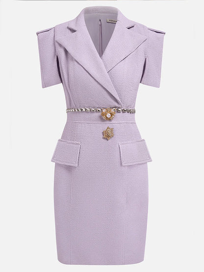 Lavender Purple Shawl Collar Short Sleeve Tweed Sheath Mini Homecoming Dress